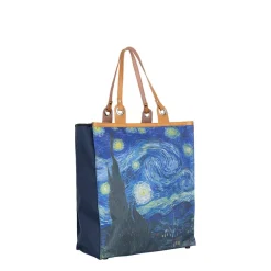 Boodschappentas ‘Starry Night ’ – Stevige Nylon Shopper met Leren Hengsels – Van Gogh Print – 39x43 cm