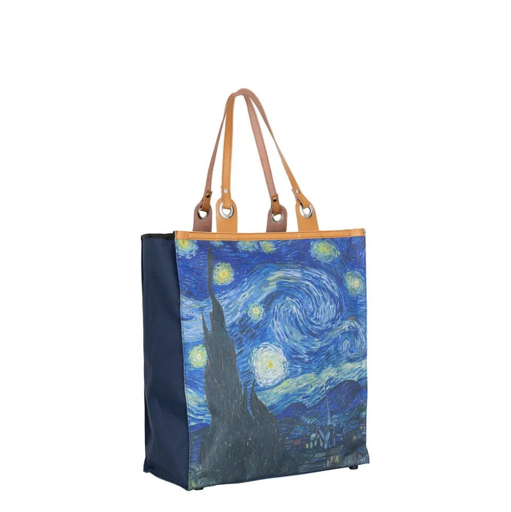 Boodschappentas ‘Starry Night ’ – Stevige Nylon Shopper met Leren Hengsels – Van Gogh Print – 39x43 cm