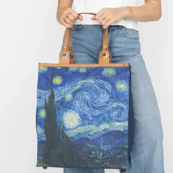 Boodschappentas ‘Starry Night ’ – Stevige Nylon Shopper met Leren Hengsels – Van Gogh Print – 39x43 cm