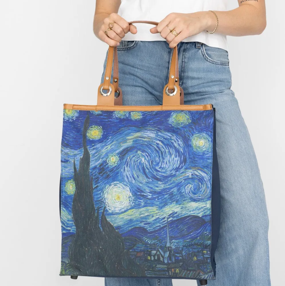 Boodschappentas ‘Starry Night ’ – Stevige Nylon Shopper met Leren Hengsels – Van Gogh Print – 39x43 cm