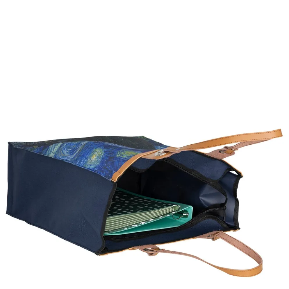 Boodschappentas ‘Starry Night ’ – Stevige Nylon Shopper met Leren Hengsels – Van Gogh Print – 39x43 cm