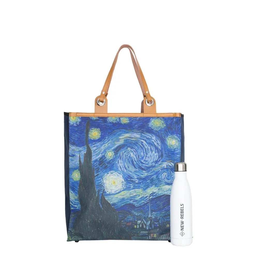 Boodschappentas ‘Starry Night ’ – Stevige Nylon Shopper met Leren Hengsels – Van Gogh Print – 39x43 cm