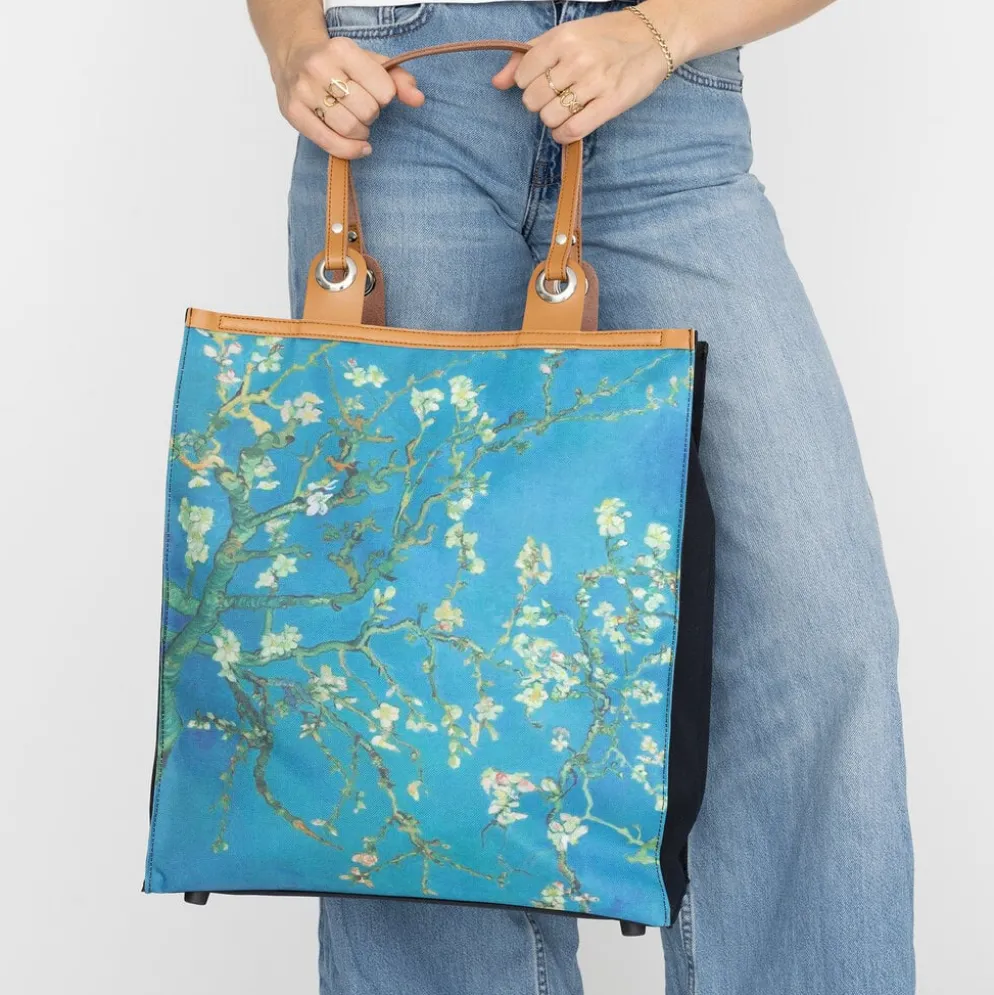 New Rebels Boodschappentas Blossoms – Stevige Nylon Shopper met Leren Hengsels – Van Gogh Print – 39L