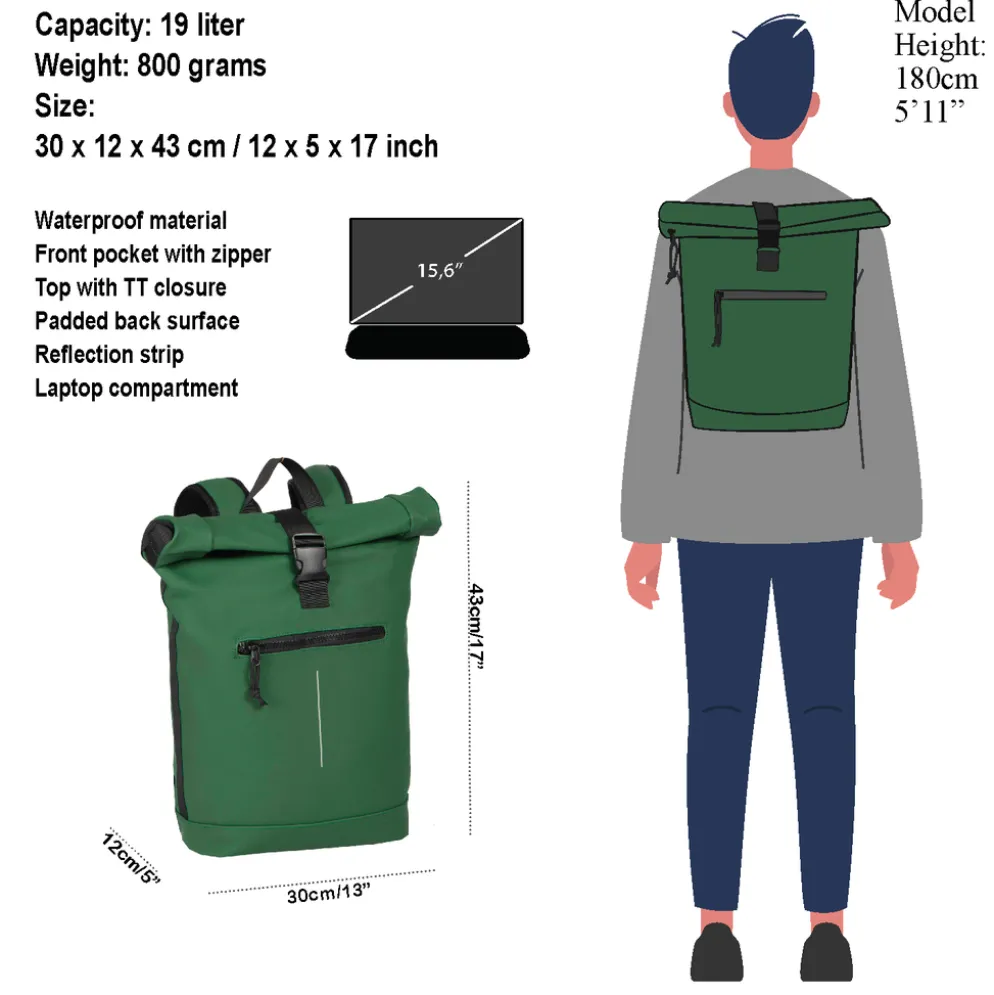 New Rebels Mart New York Donkergroen 21L Rugtas Rolltop Waterafstotend Laptop 15.6"