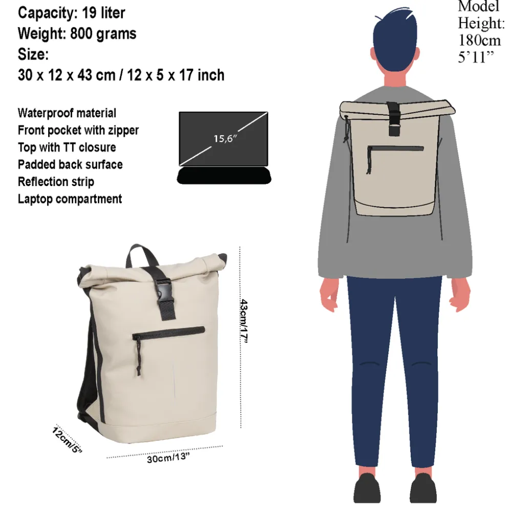 New Rebels Mart New York Beige 21L Rugtas Rolltop Waterafstotend Laptop 15.6"