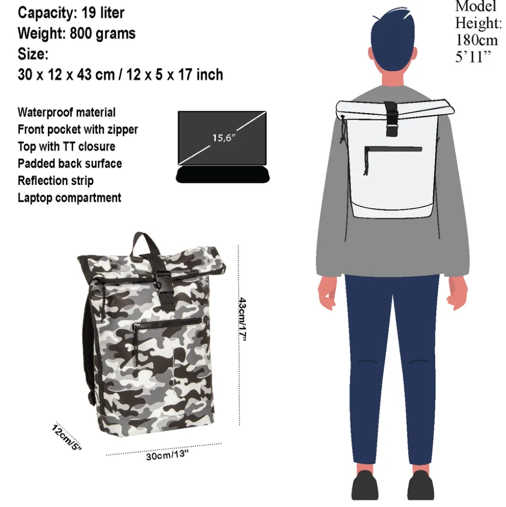 New Rebels Mart New York Camouflage Army 21L Rugtas Rolltop Waterafstotend Laptop 15.6"