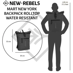 New Rebels Mart New York Zwart 21L Rugzak Rolltop Waterafstotend Laptop 15.6