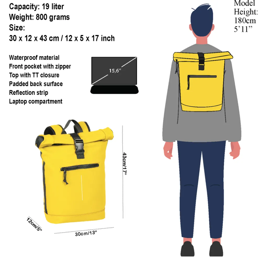 New Rebels Mart New York Geel 21L Rugtas Rolltop Waterafstotend Laptop 15.6"