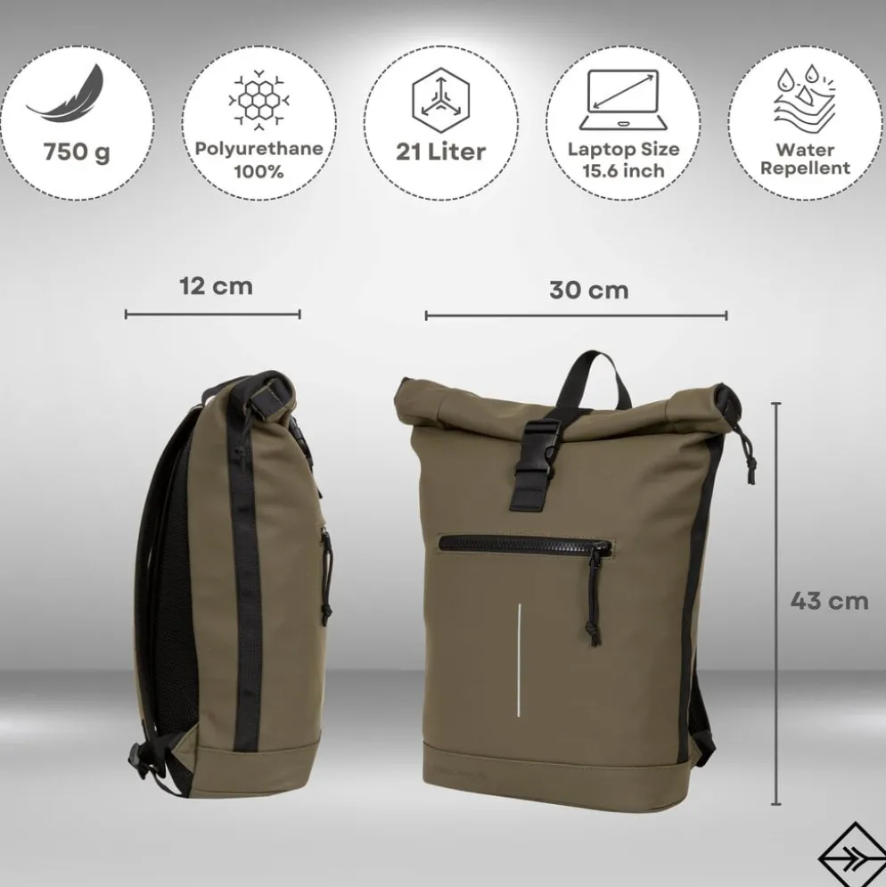 New Rebels Mart New York Olijf Groen 21L Rugtas Rolltop Waterafstotend Laptop 15.6"
