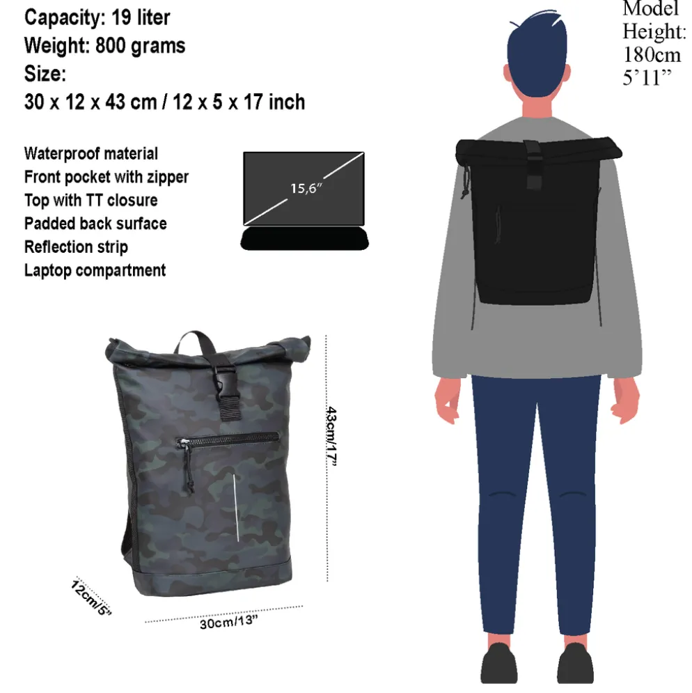 New Rebels Mart New York Camouflage Army Donker 21L Rugtas Rolltop Waterafstotend Laptop 15.6"