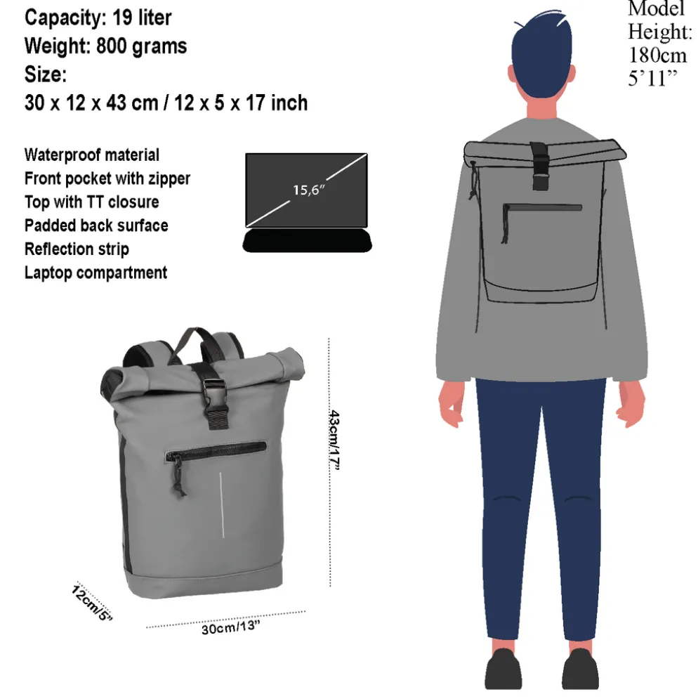 New Rebels Mart New York Antraciet 21L Rugzak Rolltop Waterafstotend Laptop 15.6"