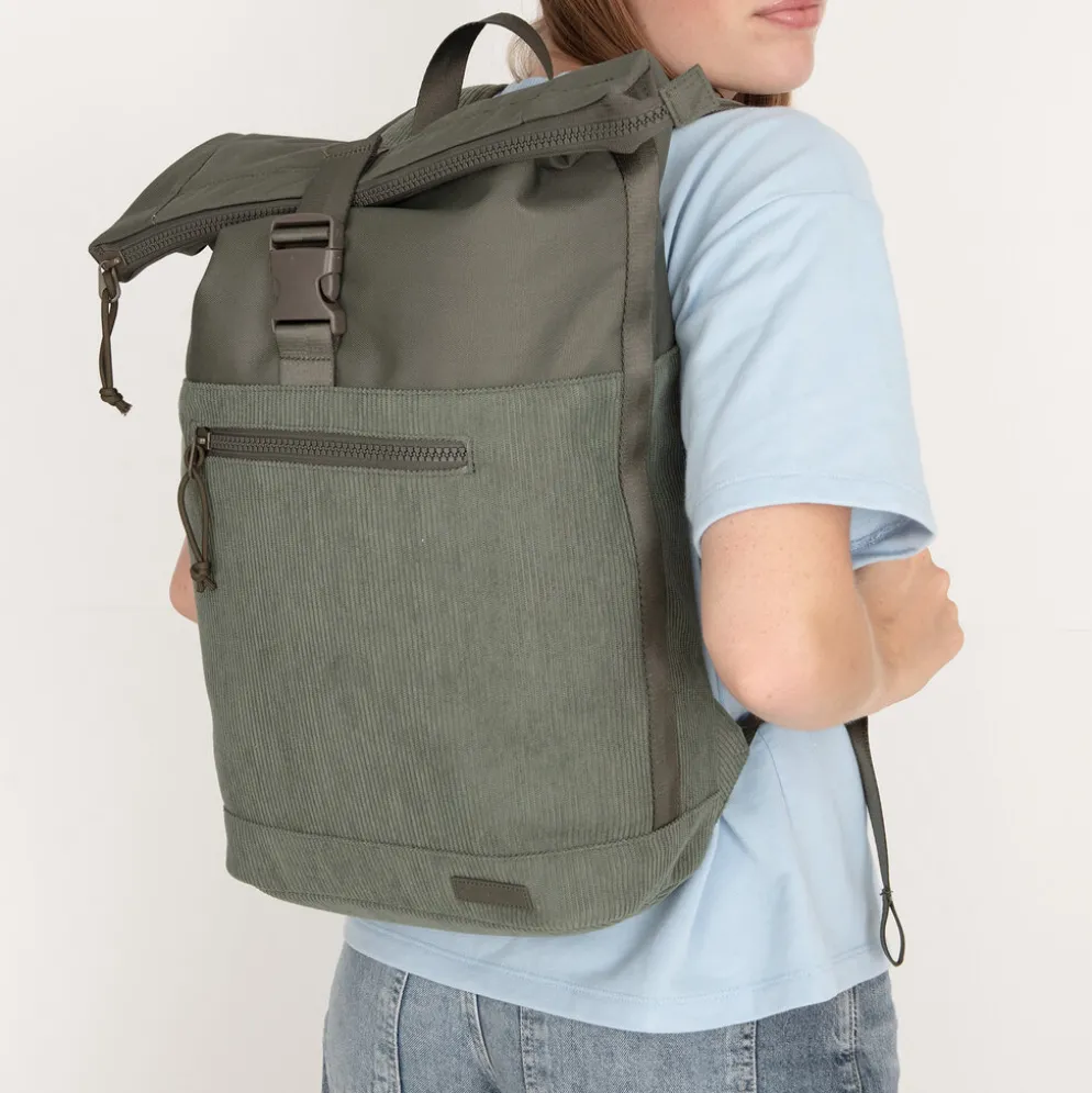 New Rebels New York Ribbi Rolltop Rugzak 17-21L Schooltas & Werktas Ribstof Laptop Rugtas 15.6 inch Sage Green