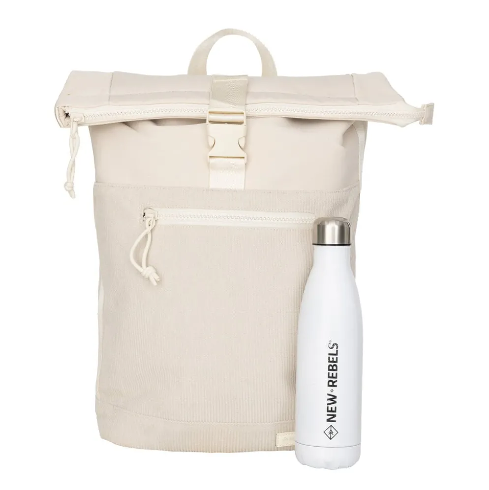 New Rebels New York Ribbi Rolltop Rugzak 17-21L Schooltas & Werktas Ribstof Laptop Rugtas 15.6 inch Beige