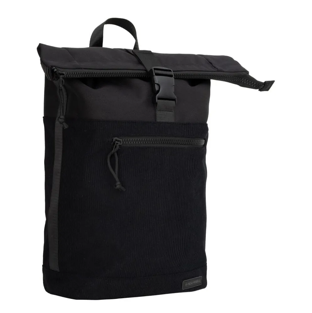 New Rebels New York Ribbi Rolltop Rugzak 17-21L Schooltas & Werktas Ribstof Laptop Rugtas 15.6 inch Zwart