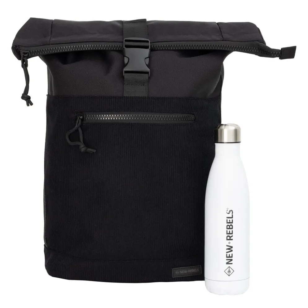 New Rebels New York Ribbi Rolltop Rugzak 17-21L Schooltas & Werktas Ribstof Laptop Rugtas 15.6 inch Zwart