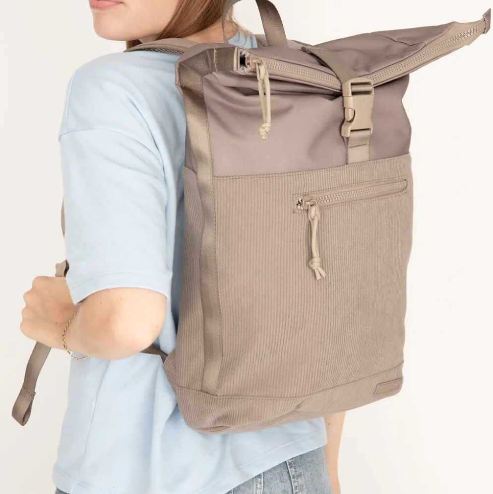 New Rebels New York Ribbi Rolltop Rugzak 17-21L Schooltas & Werktas Ribstof Laptop Rugtas 15.6 inch Taupe