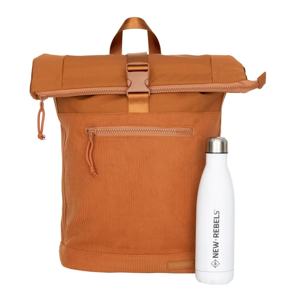 New Rebels New York Ribbi Rolltop Rugzak 17-21L Schooltas & Werktas Ribstof Laptop Rugtas 15.6 inch Oranje coffee bruin