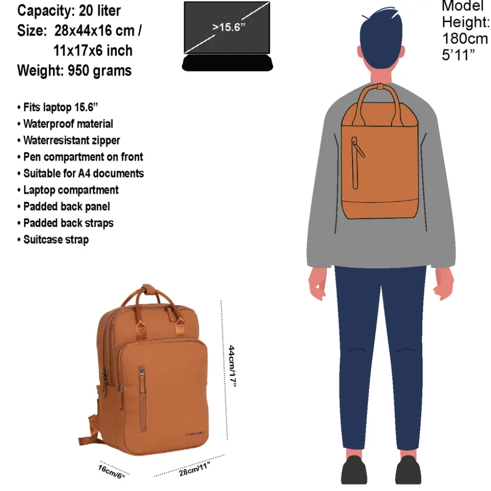 New Rebels William Milwaukee Cognac 18L Rugzak Waterafstotend Laptop 15.6"